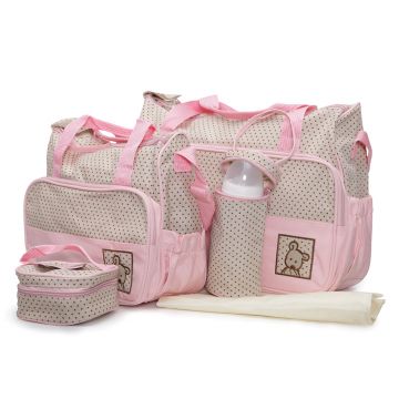 Set 5 piese cu Geanta multifunctionala pentru mamici Cangaroo Mama Bag Stella Pink compartimente practice,cu maner reglabil,husa termoizolanta pentru biberon,salteluta, gentuta suzete si geanta scutece