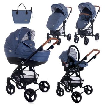 Carucior Set 3 in 1, Crysta, cadru din aluminiu, Denim Blue