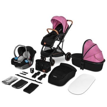 Lionelo - Carucior 3 in 1 Riya Cu accesorii, Cadru din aluminiu, Cu sezut reversibil, din Aluminiu, Poliester, Roz/Violet