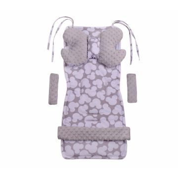 Set 4 in 1 Minky pentru carucior cu salteluta perna 2 protectii centuri si protectie bara protectie Miki Set 4 in 1 Minky pentru carucior cu salteluta perna 2 protectii centuri si protectie bara protectie Miki
