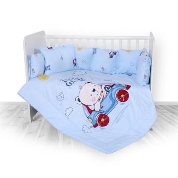 Set lenjerie pat 7 piese Lily, bumbac ranforce, Bear & Car Blue