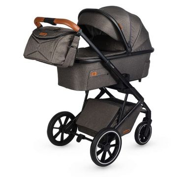 Carucior modular 2in1 Coccolle Nessia certificat EN1881-2-2018 pana la 22 kg, Roti mari de cauciuc cu suspensie, Piesa reversibila, Landou cu saltea anti-reflux, Copertina XXL cu protectie UV 50+, Maner telescopic, Pliere compacta, Anthracite