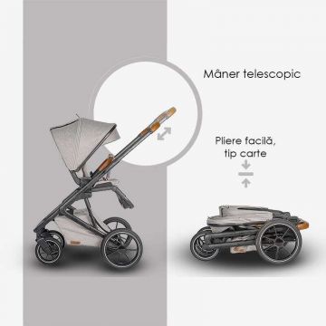 Carucior modular 2in1 Coccolle Nessia certificat EN1881-2-2018 pana la 22 kg, Roti mari de cauciuc cu suspensie, Piesa reversibila, Landou cu saltea anti-reflux, Copertina XXL cu protectie UV 50+, Maner telescopic, Pliere compacta, Diamond Black