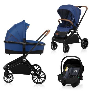 Carucior 3 in 1, Lionelo, Mika, Cadru din aluminiu, Cu landou intarit si salteluta moale, Cu scoica auto testata ADAC, Reversibil, Cu accesorii, Pana la 22 kg, EN1888-1 EN1888-2 EN1466 ECE R129, Albastru