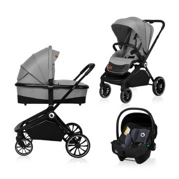 Carucior 3 in 1, Lionelo, Mika, Cadru din aluminiu, Cu landou intarit si salteluta moale, Cu scoica auto testata ADAC, Reversibil, Cu accesorii, Pana la 22 kg, EN1888-1 EN1888-2 EN1466 ECE R129, Gri deschis