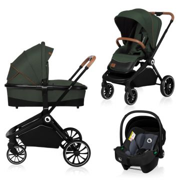 Carucior 3 in 1, Lionelo, Mika, Cadru din aluminiu, Cu landou intarit si salteluta moale, Scoica auto, Reversibil, Maner ajustabil, Plasa de tantari, Husa de ploaie, de picioare, Pana la 22 kg, EN1888-1 EN1888-2 EN1466 ECE R44/04, Verde