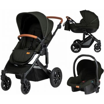 Carucior 3 in 1, Trio Comfort, Cu cadru din aluminiu, Cu landou intarit, Reversibil, Scoica auto, Parte sport cu sezut reversibil, Geanta pentru mamici, Conform cu standardele europene de securitate EN 1888:2018 si ECE R44/04, FreeON, Black