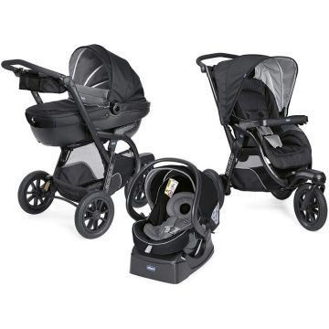 Chicco - Carucior compact 3 in 1 Active 3, Cu landou intarit si salteluta moale, Scoica auto cu baza, Maner ajustabil, Husa de ploaie, Pana la 15 kg, Negru