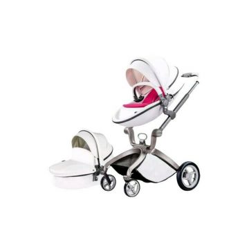 Hot mom - Carucior Copii Premium 2 in 1 Alb, varsta intre 0 si 36 luni, compus din Cadru, Landou si Modul Sport, Pernita Roz