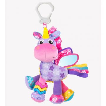 Jucarie pentru carucior, scoica auto si patut, Playgro, Cu jucarie de dentitie, Cu sunete, Activity Friend Stella Unicorn, 39 cm