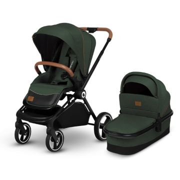 Lionelo - Carucior Mika, 2 in 1, Cadru din aluminiu, Cu landou intarit si salteluta moale, Reversibil, Maner ajustabil, Plasa de tantari, Husa de ploaie, de picioare, 22 kg, Conform cu standardele europene EN1888-1,EN1888-2, EN1466, Verde inchis