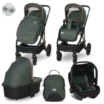 Lorelli - Carucior set 3 in 1, Aria, cadru din aluminiu, multiple accesorii, pana la 22 Kg, Green