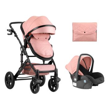 KikkaBoo - Carucior transformabil 3 in 1, Darling, 0-15 kg, Cu geanta de mamici, Suport pahar, Plasa tantari si protectie picioare, Spatar reglabil si copertina detasabila, Roz