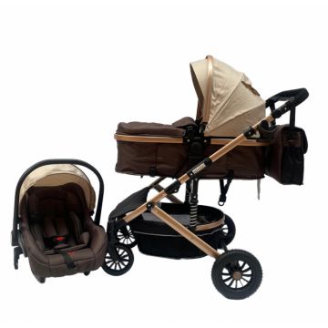 Carucior 3 in 1, maner reversibil, cu suspensii, reversibil, compact, T2-G, Crem cu maro