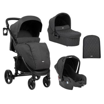 Carucior 3 in 1, KikkaBoo, Madrid, Multifunctional, 0-15 kg, Landou intarit si salteluta moale, Cu geanta de mamici, Protectie picioare pentru carucior si landou, Husa ploaie, Suport pahar, Negru