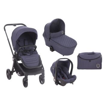 Carucior 3 in 1, KikkaBoo, Vicenza, Multifunctional, 0-15 kg, Landou intarit si salteluta moale, Cu geanta de mamici, Protectie picioare pentru vremea rece, Spatar reglabil, Scoica I-size, Albastru