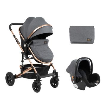 Carucior 3 in 1, KikkaBoo, Amaia, Transformabil, Cu scaun reversibil, 0-22 kg, Cu geanta de mamici, Suport pahar, Plasa tantari si protectie picioare, Spatar reglabil si copertina detasabila, Gri Inchis