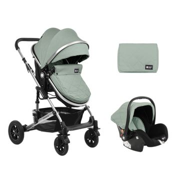 Carucior 3 in 1, KikkaBoo, Amaia, Transformabil, 0-22 kg, Cu geanta de mamici, Suport pahar, Plasa tantari si protectie picioare, Spatar reglabil si copertina detasabila, Mint