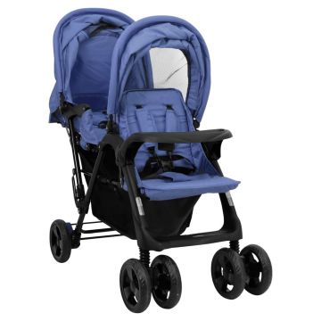 vidaXL Cărucior pentru gemeni în tandem, bleumarin, oțel