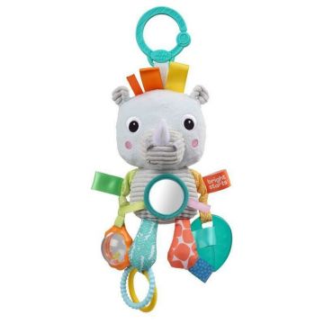 Bright Starts - Jucarie senzoriala de plus, Rinocer, Cu diverse texturi si culori, Dezvolta abilitatile motorii, Se poate atasa la carucior, 0 luni+, Multicolor