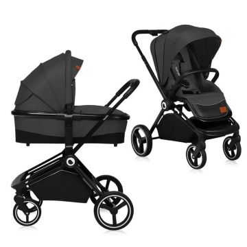 Carucior compact 2 in 1, Cadru Aluminiu, cu landou si salteluta, Reversibil, Husa de ploaie, Gri Inchis