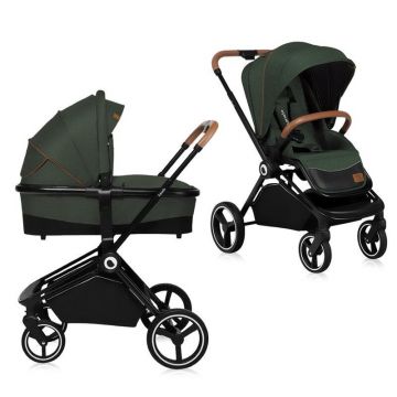 Carucior compact 2 in 1, Cadru Aluminiu, cu landou si salteluta, Reversibil, Husa de ploaie, Verde