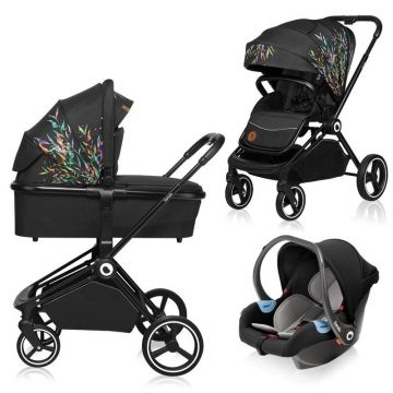 Carucior compact 3 in 1, Cadru Aluminiu, cu landou si salteluta, Reversibil, Husa de ploaie, Negru