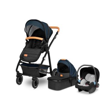 Carucior compact 3 in 1, Cadru Aluminiu, cu landou si salteluta, Scoica auto, Reversibil, Husa de ploaie, Albastru