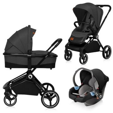 Carucior compact 3 in 1, Cadru Aluminiu, cu landou si salteluta, Scoica auto, Reversibil, Husa de ploaie, Gri Inchis