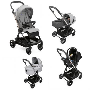 Carucior copii 4 in 1 Chicco One4Ever, Silver Leaf (Gri), de la nastere la 22Kg