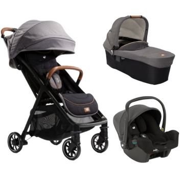 Joie - Carucior pentru copii ultracompact 3 in 1 Parcel Carbon / i-Snug Shale ( Carucior Parcel Carbon + Landou Ramble XL Carbon + Scoica auto i-Snug cu tetiera reglabila, nastere - 75 cm, Shale)