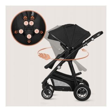 Carucior 3 in 1 Lionelo Bianka Negru, transformabil, cadru aluminiu, landou si salteluta moale, multiple accesorii, sustine 22 kg, 0 luni+, EN14662014+AC2015, EN1888