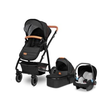 Carucior compact 3 in 1, Cadru Aluminiu, cu landou si salteluta, Scoica auto, Reversibil, Husa de ploaie, Geanta parinti, Gri
