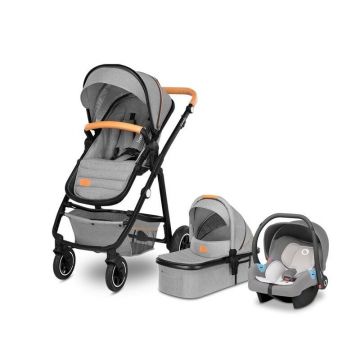 Carucior compact 3 in 1, Cadru Aluminiu, cu landou si salteluta, Scoica auto, Reversibil, Husa de ploaie, Geanta parinti, Gri
