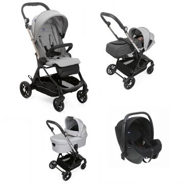 Carucior copii 4 in 1 Chicco One4Ever cu scaun auto Kory ISize, Silver Leaf (Gri), de la nastere la 22Kg