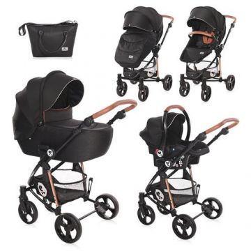 Carucior Lorelli Set 3 in 1 Crysta, cadru din aluminiu, 0-15 kg, 0-3 ani (Negru)