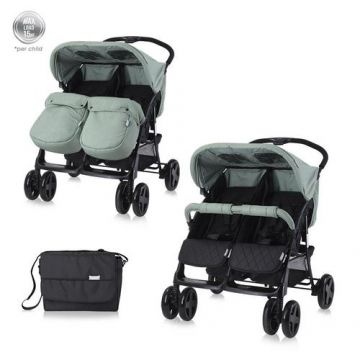 Carucior pentru gemeni Lorelli Twin, 0-30 kg, 0-3 ani (Verde)