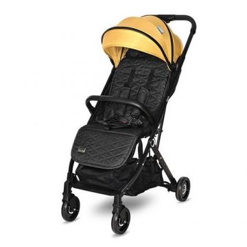 Carucior pentru nou-nascut Lorelli, Myla, tip troller, pliabil, acoperitoare picioare, spatar si copertina reglabile, cos accesorii, bara de protectie detasabila, centura de siguranta cu prindere in 5 puncte, Lemon Curry