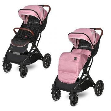 Carucior pentru nou-nascut Lorelli Storm, pliabil, pana la 22 kg, cadru aluminiu, spatar reglabil, roti fata pivotante cu suspensii, centura cu prindere in 5 puncte, spatiu depozitare, Rose Quartz