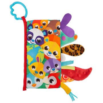 Carticica din plus, Playgro, In forma de carte, Include clema de atasare la carucior, Cu inel pentru dentitie, Cu texturi si culori, 3 luni+, Tails of the World Sensory Book