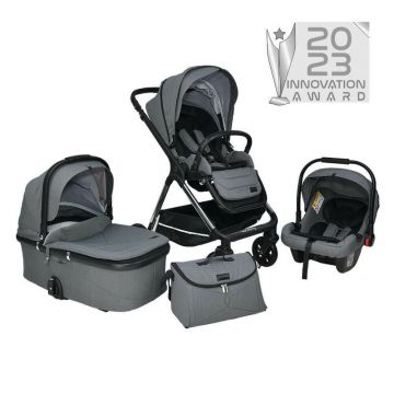 Carucior 3 in 1, Bebe Stars, Nammas, Modular, Cadru din aluminiu, Cu landou si scoica I-size, Reversibil, Saculet de picioare, Husa de ploaie si tantari, Geanta, Pana la 22 kg, 0 luni+, EN 1888-1,2:2018, EN 1466:2014+AC:2015, Grey