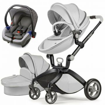Carucior Copii Hot Mom Premium 3 in 1 Grey, varsta intre 0 si 36 luni, compus din Cadru, Landou si Modul Sport