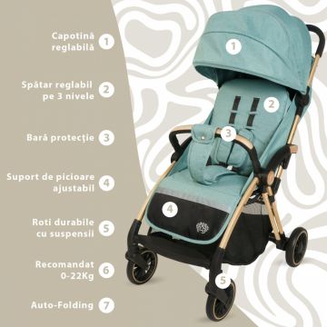 Carucior sport AppeKids Upp ultracompact cu pliere automata River Green