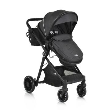 Carucior transformabil 2in1 Moni Rio Black pana la 22 kg,Cadru din aluminiu,Spatar reglabil,Scaun reversibil,Roti din spuma EVA pivotante cu amortizor si rulment,Baldachin,cu Husa picioare,Geanta,Plasa insecte,Suport pahar