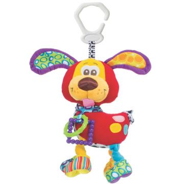 Jucarie carucior sau scaun auto, Playgro, Cu inele pentru dentitie, Cu diverse forme si texturi, Cu sunete si zornaieli, Dezvolta abilitatile motorii si imaginatia, 0 luni+, Activity Friend Pooky Puppy