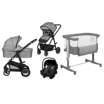 Pachet complet pentru primele zile, Carucior 3 in 1, Lionelo, Bianka, Transformabil, Cu landou, salteluta moale, geanta pentru parinti + Patut co-sleeper, Lionelo, Aurora, 3 in 1, Cu saltea si geanta transport, Gri