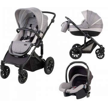 Carucior 3 in 1, FreeON, Trio Comfort, Cu cadru din aluminiu, Cu landou intarit, Reversibil, Scoica auto, Parte sport cu sezut reversibil, Geanta pentru mamici, Conform cu standardele europene de securitate EN 1888:2018 si ECE R44/04, Grey