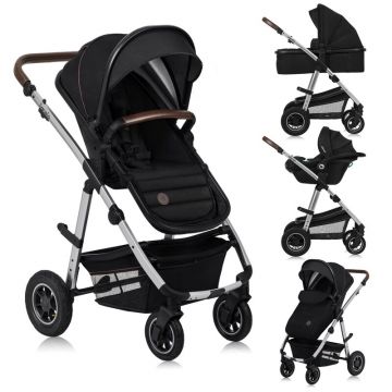 Carucior 3 in 1 Lionelo Amber  Cadru aluminiu, Cu landou intarit si salteluta moale, Cu scoica auto testata ADAC, Reversibil, Cu accesorii, Geanta parinti, Sarcina maxima 22 kg, Standard de siguranta EN1888-1 EN1466 ECE R129 negru silver