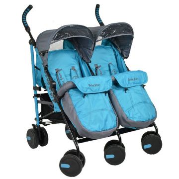 Carucior gemeni, Bebe Stars, Lux, Pliabil, Cu cadru din aluminiu, Cu bara de protectie detasabila, Spatar rabatabil, Cu acoperioare picioare, Roti pivotante, Cu 2 cosuri depozitare, Conform cu EN1888, 0-36 luni, Blue