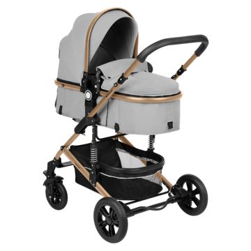 Carucior transformabil KikkaBoo 3in1 pana la 22kg,cadru din aluminiu,suspensii pe roti si cadru,spatar reglabil,sezut reversibil,Scaun auto I-Size,geanta,suport pahar si accesorii incluse Amaia Light Grey